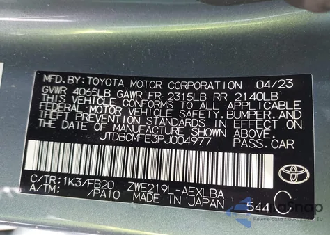 2023 Toyota Corolla Hybrid Le from USA, damaged, VIN JTDBCMFE3PJ004977